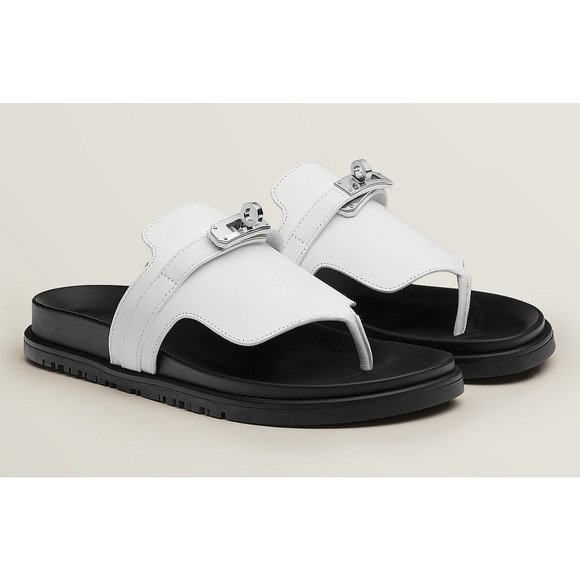 Hermes Empire Sandals White Black Leather Kelly Lock Logo Slide Mule Flat 37 - Picture 2 of 12